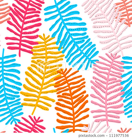 Seamless botanical pattern with colorful palm branches. Vector summer tropical texture. 111977536
