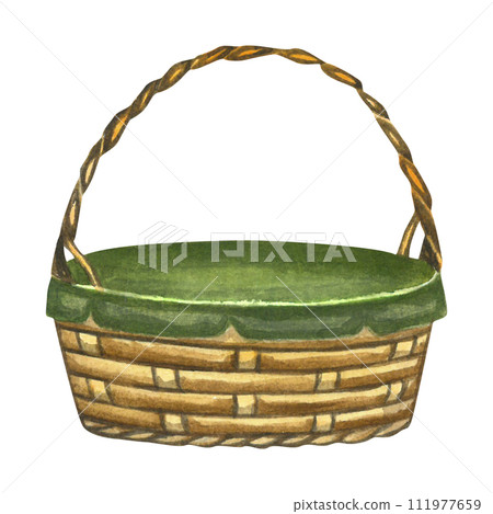 Watercolor illustration of a wicker basket. Made by hand isolated on white background 111977659