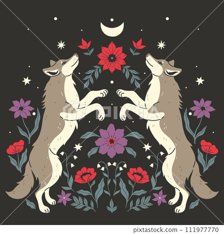 A symmetrical composition of two wolves standing sideways in a jump and flowers on a dark background. Vector graphics A symmetrical composition of two wolves standing sideways in a jump and flowers on a dark background. Vector graphics 111977770