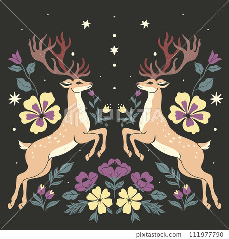 Symmetrical composition of two deer and flowers on a dark background. Vector graphics 111977790