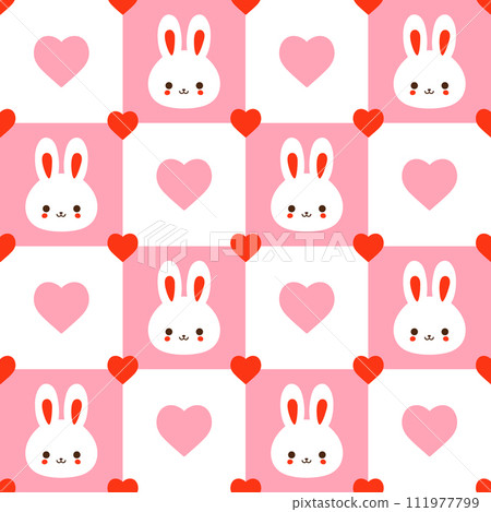 Cute checkered seamless pattern with kawaii bunnies and hearts. Vector graphics. 111977799
