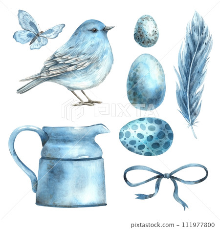 Watercolor set on an Easter theme in blue shades: bird, eggs, bow, butterfly, jug. Illustrations hand drawn on isolated background for greeting cards, invitations, happy holidays, posters, graphic des 111977800
