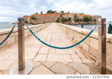 Sveti Stefan island in Montenegro and beach view 111977849