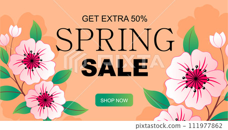 Spring time banner with sakura, botanical template on a peach bacground. Vector illustration 111977862