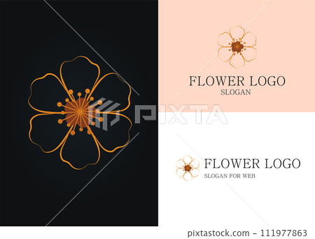 Elegant Botanical Logo in Minimalist Line Art Style. Golden Flower Icon in a Vector Illustration 111977863
