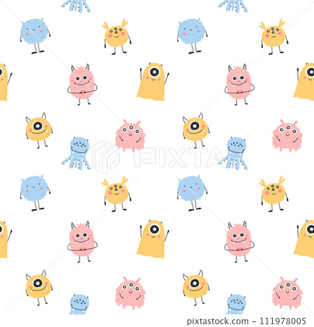 Childish seamless pattern with cute monster. Vector illustration. Kids print in Scandinavian style. Flat style. 111978005