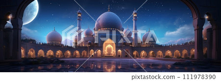 A mosque illuminated by the moon and stars in the nighttime. 111978390