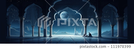 A mosque illuminated by the moon and stars in the nighttime. 111978399