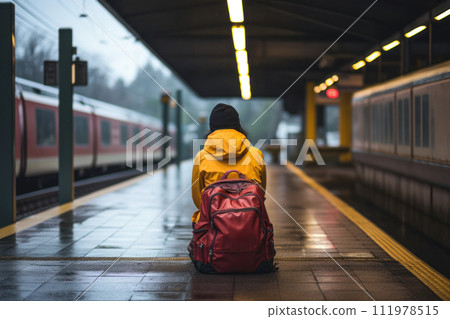 backpacker sitting at a station in the rain 111978515