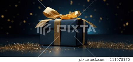 a blue gift box with a golden bow on top 111978570