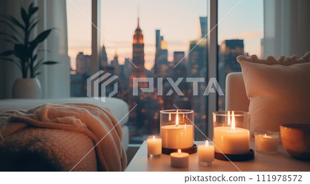 candles lit next to a fireplace and cityscape for a quiet home 111978572