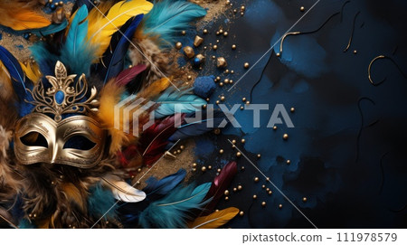 carnival mask and colorful feathers on a blue background carnival mask and colorful feathers on a blue background 111978579