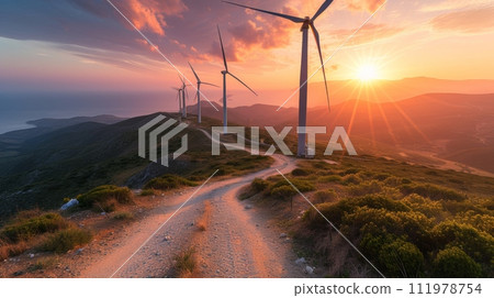 windmills in a gorgeous environment. Renewable energy sources provided by the sun 111978754