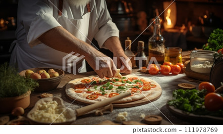 Cook's hands with a hand grater, scratching a piece of cheese on a delicious pizza 111978769