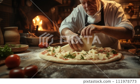 Cook's hands with a hand grater, scratching a piece of cheese on a delicious pizza Cook's hands with a hand grater, scratching a piece of cheese on a delicious pizza 111978773