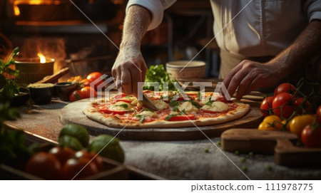 Cook's hands with a hand grater, scratching a piece of cheese on a delicious pizza Cook's hands with a hand grater, scratching a piece of cheese on a delicious pizza 111978775