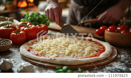 Cook's hands with a hand grater, scratching a piece of cheese on a delicious pizza Cook's hands with a hand grater, scratching a piece of cheese on a delicious pizza 111978825