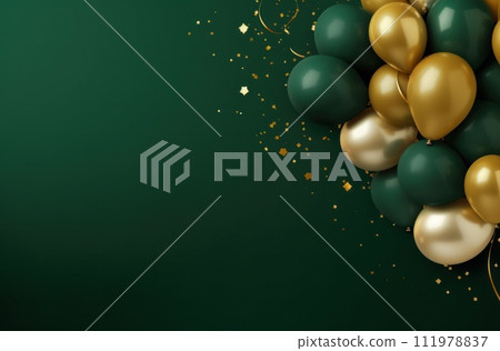 green background with green and gold balloons and confetti 111978837