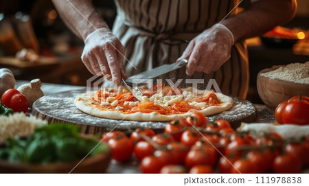 Cook's hands with a hand grater, scratching a piece of cheese on a delicious pizza 111978838