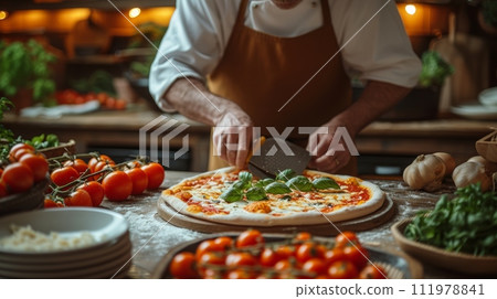 Cook's hands with a hand grater, scratching a piece of cheese on a delicious pizza 111978841