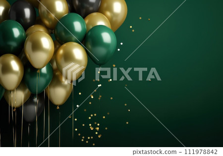 green background with green and gold balloons and confetti 111978842