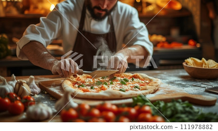 Cook's hands with a hand grater, scratching a piece of cheese on a delicious pizza 111978882