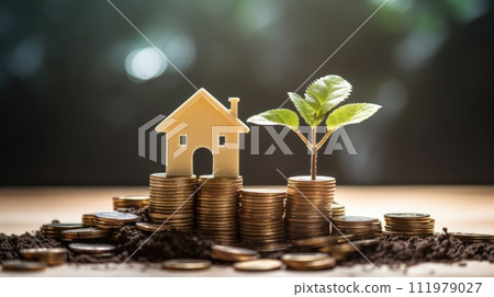 a house is growing from coins beside an investment 111979027