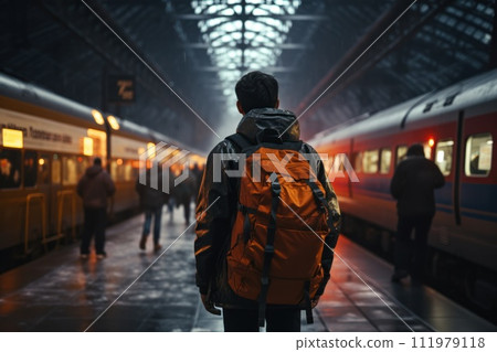 person walks through the night train station in a black backpack 111979118