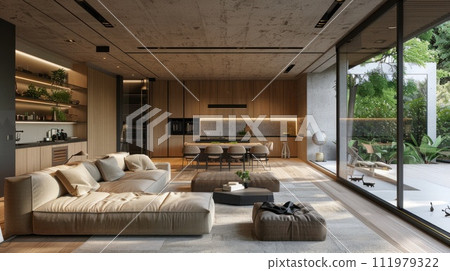 Beautiful modern living room interior made from natural materials 111979322