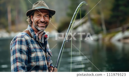 Happy mature man in a plaid shirt and hat holding a fishing rod, standing near a tranquil lake.Description: Happy mature man in a plaid shirt and ha 111979323