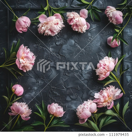 Peonies in a stunning dark-colored frame. Black floral backdrop 111979435