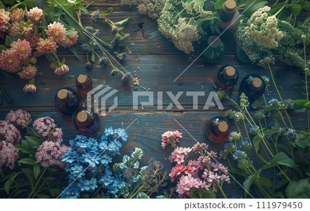 a wooden table with herbal oils and bouquets of flowers 111979450