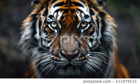 Intense close-up of a wild tiger's piercing gaze, exuding power and grace 111979515