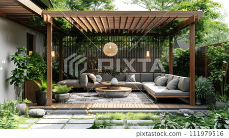 Beautiful modern terrace with wooden pergola and potted plants 111979516