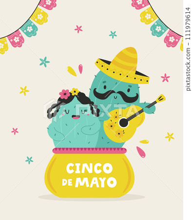 Holiday design for Cinco de Mayo with funny cactus in sombrero playing guitar. Party invitation template 111979614
