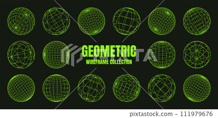 Wireframe shapes, lined sphere. Perspective mesh, 3d grid. Low poly geometric elements. Retro futuristic design elements, y2k, vaporwave and synthwave style. Vector illustration 111979676