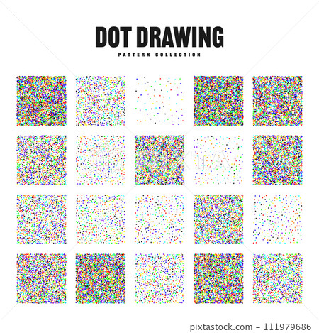Square shaped dotted objects, vintage stipple elements. Stippling, dotwork drawing, shading using dots. Halftone effect. Colored noise grainy texture, pattern. Vector illustration. Square shaped dotted objects, vintage stipple elements. Stippling, dotwork drawing, shading using dots. Halftone effect. Colored noise grainy texture, pattern. Vector illustration. 111979686