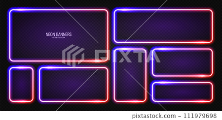 Glowing neon banners, illuminated colorful square frames. Shiny vibrant border, glow effect. Violet vintage retro lights, night illumination. Modern futuristic UI design elements. Vector illustration Glowing neon banners, illuminated colorful square frames. Shiny vibrant border, glow effect. Violet vintage retro lights, night illumination. Modern futuristic UI design elements. Vector illustration 111979698