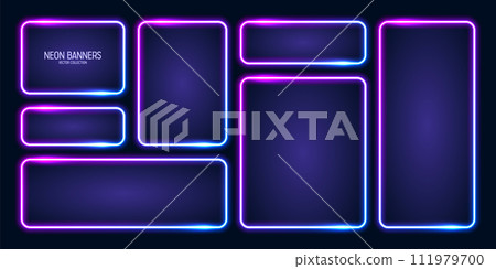 Glowing neon banners, illuminated colorful square frames. Shiny vibrant border, glow effect. Blue vintage retro lights, night illumination. Modern futuristic UI design elements. Vector illustration 111979700