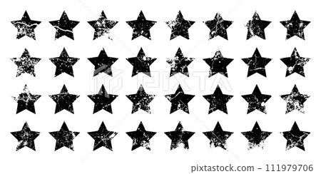 Vintage stars with cracks and stains. Old hand-drawn sign, black simple shape. Retro design element with distressed effect, grunge texture. Vector illustration Vintage stars with cracks and stains. Old hand-drawn sign, black simple shape. Retro design element with distressed effect, grunge texture. Vector illustration 111979706