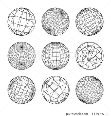 Wireframe shapes, lined sphere. Perspective mesh, 3d grid. Low poly geometric elements. Retro futuristic design elements, y2k, vaporwave and synthwave style. Vector illustration Wireframe shapes, lined sphere. Perspective mesh, 3d grid. Low poly geometric elements. Retro futuristic design elements, y2k, vaporwave and synthwave style. Vector illustration 111979709