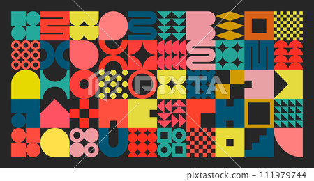 Geometric texture with simple shapes, symbols. Colorful primitive elements and forms. Retro design, trendy contemporary minimalist style. Vector illustration 111979744