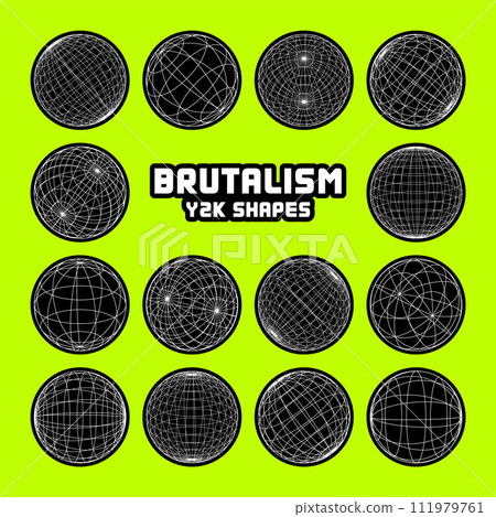 Wireframe shapes, lined sphere. Perspective mesh, 3d grid. Modern trendy low poly geometric elements. Retro futuristic design elements, y2k, vaporwave and synthwave style. Vector illustration Wireframe shapes, lined sphere. Perspective mesh, 3d grid. Modern trendy low poly geometric elements. Retro futuristic design elements, y2k, vaporwave and synthwave style. Vector illustration 111979761