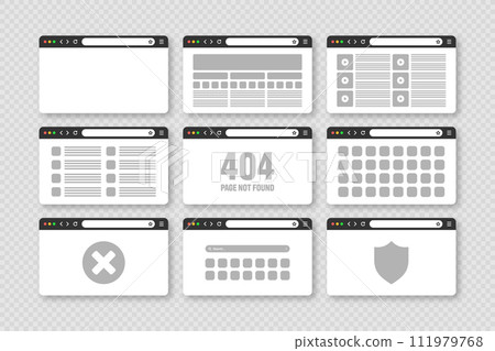 Web browser window, pages layout with toolbar and search field. Modern website, internet page in flat style. Browser mockup for computer, tablet and smartphone. Adaptive UI. Vector illustration Web browser window, pages layout with toolbar and search field. Modern website, internet page in flat style. Browser mockup for computer, tablet and smartphone. Adaptive UI. Vector illustration 111979768