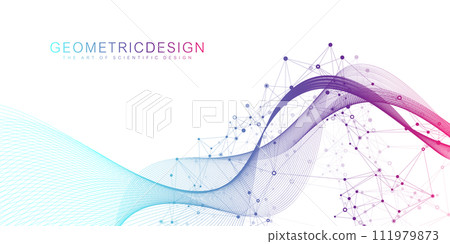 Digits abstract background with connected line and dots, wave flow. Digital neural networks. Network and connection background for your presentation. Graphic polygonal background. Vector illustration. 111979873