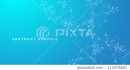 Digits abstract background with connected line and dots, wave flow. Digital neural networks. Network and connection background for your presentation. Graphic polygonal background. Vector illustration. 111979881