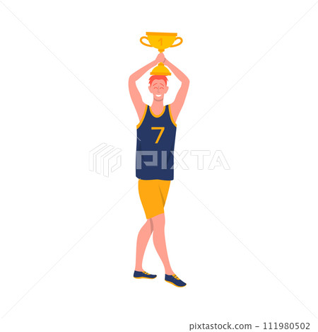 Cartoon Color Character Sportive Young Men with Gold Cup Concept Flat Design Style. Vector illustration of Leader Cartoon Color Character Sportive Young Men with Gold Cup Concept Flat Design Style. Vector illustration of Leader 111980502