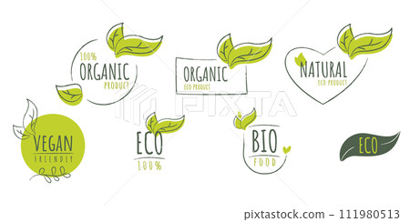 Bio, eco, organic, vegan and natural labels set Bio, eco, organic, vegan and natural labels set 111980513