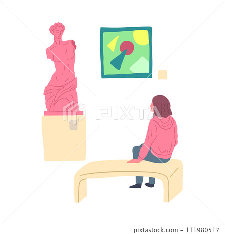 Cartoon Color Character Girl Gallery Visitor Oil Painting and Antique Statue on a Pedestal. Vector illustration of Woman Looking Art 111980517