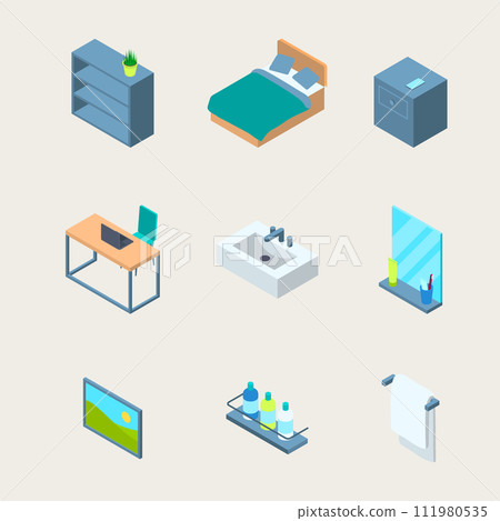 Hotel Room Interior Element Set 3d Isometric View Style Include of Bed, Table and Shelf. Vector illustration 111980535